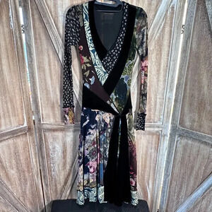 FUZZI Patchwork Printed Tulle & Velvet Long Sleeve Midi Dress